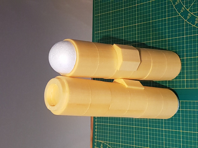 The power units were also created cutting and stacking cylindrical shapes of polystyrene and adding dome made of half cut polystyrene balls.