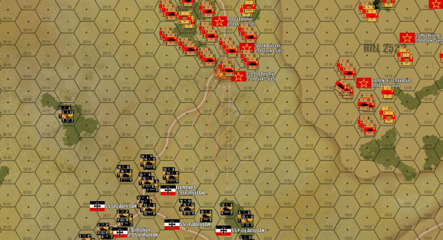 Gianna decides to fall back in the center, giving up one objective hex to deny a point-blank battle against large Soviet armored forces.  Personally I feel she underestimated the resilience and firepower of her German force (including Tigers, including Michael Wittmann who was there on 12 July 1943), but she does have a strong case where she's now engaging the Soviets at LONG range over open Russian steppe, where her tanks are MUCH better than mine.  As I take the objective, however, she fires against my spearhead with opportunity fire - it's a sound tactic, she just rolls a 