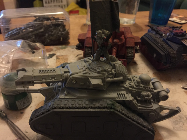 Leman Russ Incinerator constructed and joining the painting queue. Note I needed a little liquid green stuff to fill in a couple of gaps between the resin upper hull and the plastic sides towards the rear of the tank on both sides due to slight warping of the resin.