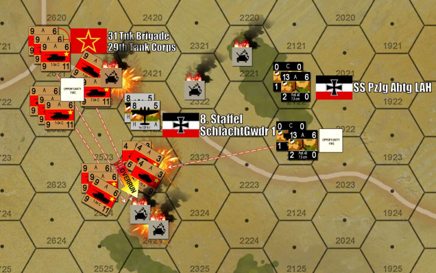 Things get serious in the center, where I am more or less dominating.  Two platoons of PzKpfw-IVGs are toast, as are all the Mader IIIs.  I am taking some losses, though, especially from those HS-129 tank-buster planes that just showed up.
