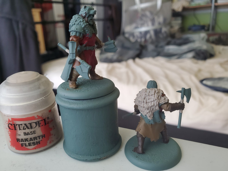Then a touch of Rakarth Flesh for the bindings on axe hafts and banner poles along with the furs worn by the Berserkers. I could have varied this colour on the rank and file, too, but I wanted to have some elements that matched across the unit and I chose the tabbards and the cloaks for this.