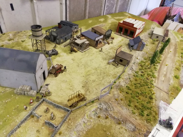 After completing my new trading post kit I got the town out on the board bi made for Rorkes Drift and it works well for the western setting