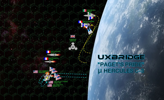 Left with only a ponderous heavy cruiser and a light carrier with no guns left in their task force, the Romans “take root” in low orbit of Uxbridge, jackknife-turning away from the Americans, keeping their sterns screened by the planet’s atmosphere.  The Americans for their part (now just the destroyers Valley Forge and Hancock, Captain Garrison Heathe in command) pull away from the planet, hairpin turning back toward the Romans so they can launch full frontal torpedo spreads at the enemy (while keeping out of the Nicaea’s broadside).  Frontal American guns ping away at the port bow or the carrier Alejandra, while the forward guns of the Nicaea hammer on the foc’s’le of the Valley Forge.  The guns are hideously accurate, and the Valley Force loses her forward shields.  This will hamper Heathe’s plan on keeping his bows pointing at the enemy for maximum torpedo attacks.  