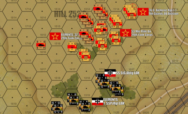 Now here is where Gianna has me worried.  On the Soviet left, a whole SS StuG battalion, plus Tigers, plus the bulk of an SS Panzer battalion (PzKpfw III and IVs) are piling up against my infantry and airborne guards.  Two objective hexes could be put BACK into play here, depending on how Gianna handles her artillery and reinforced grenadier company now deep in my rear.