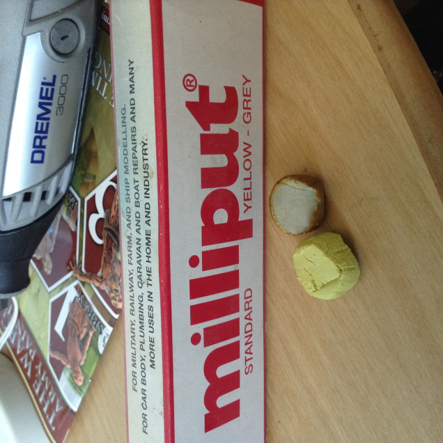 Milliput must be mixed in a 1:1 ratio of adhesive (yellow one) to hardener (grey one) .   Moisten any surface you will be working it one anf this includes your hands.  WHY????? Because it stops it sticking on everything ....... spit/ saliva does work just as well as water (shhhhhhh don’t tell my kids I said use spit as it will gross my daughter out)  Also side-note....Milliput tastes UTTERLY FOUL.!!!! You have now been warned ..... my taste buds have recovered but not an experience I am rusin.