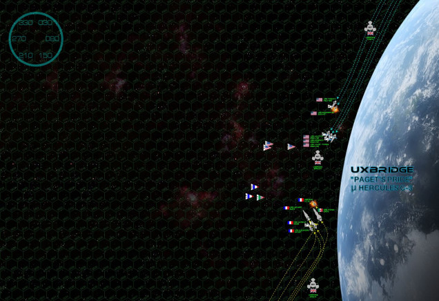 As the two task forces draw to engagement range over the day side of Uxbridge (Paget’s Pride), both sides hug the planet, anxious to secure the “gravity gauge” or even use the atmosphere to screen their more vulnerable engines and reactors.  Romans come on fast, but the Americans come on even faster (only natural, as a destroyer flotilla they have MUCH more nimble ships).  Initial gunfire is exchanged, already at just 1800 kilometers.  The Roman flagship NRS Nicaea scores two hits on the torpedo corvette Daggerfish, while the light cruiser Leclerc scores one along with the destroyer Corsica.  This opening volley hits the Daggerfish’s bridge, crippling the ship (Lt. Commander Lewis Knight survives). The American destroyers USS Oriskany, Valley Forge, and Hancock do the same to the torpedo corvette NRS Sica, the Oriskany finishing her off with a syglex emitter down the port side that hits the bridge, aft capacitors for mass drivers, portside reactor and engine housing.  Lt. Commander Sebastian Anjou will also survive the day, but both corvettes are already blown out of the engagement.