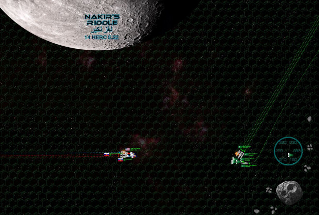 The Russians detect the Arabs making their approach via a high-speed vector through the eclipse shadow of Nakir’s Riddle.  While Captain Myshaga sets Russians and American allies on his typical high-speed approach, al-Maghrebi’s approach is positively suicidal, rocketing into the battle area at nearly 60 kilometers per SECOND (speed 19 in game terms x3 = 57 kps).  They thus instantly have the Coalition warships in a broadside, and in a withering fusillade at a range of 2500 kilometers (14 hexes), burn through the forward shielding and bow armor of the USS Cowpens.  Sensors are hit, the ammo explodes in one of the forward 5-gigawatt rail gun turrets, and the forward magazines go up.  A tough hit, but certainly survivable, until runaway chain-decompressions start tearing through the forward end of the destroyer.  An investigation after the battle will reveal that these decompressions were the result of insufficient weld seams made the last time the Cowpens was repaired in pressure dock.  Commander Rachel Collingsworth has to make the tough call, and deaf to the roars of Captain Myshaga over the comm, USS Cowpens has to break off from the engagement (game terms: one core box hit = 20% chance for a destroyer to break off, I roll a very unlucky 18).   