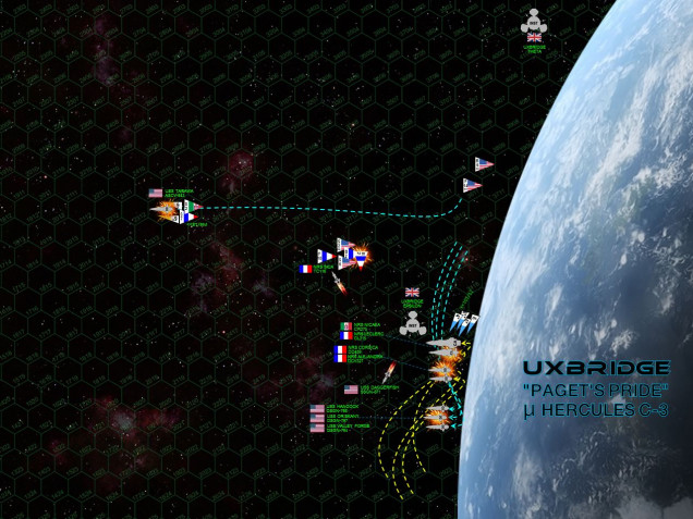 The Americans largely lose the initiative, and Commodore Pilaex uses planet Uxbridge to screen the sterns of his ships.  In response, Captain Spencer tries to bypass the Romans, then turn into a shallow dive toward the planet, THEN hairpin turn away to set up some kind of a broadside.  His ships all have enhanced engines so they can JUST pull off the maneuver, but the results are not great ... they can’t target the port quarters of the of the Nicaea or the Leclerc.  The Tarawa more or less has to flee the immediate battle area, making a starboard turn away from the planet and raising maximum steam to put as much distance between her and enemy guns.  In all, it’s a bad movement phase, the Americans have to hope their larger ordinance strike and heavily-upgraded shielding can “brute force” their way through the difficult turn.  DeChalemonde’s light cruiser NRS Leclerc fires her forward rail guns at the fleeing Tarawa, putting the rest of her broadside into the Oriskany, just 540 kilometers away.  Yet even as the Lady O’s newly-upgraded shields reel under the lasers and rail guns, Leclerc is hammered by the combined Mark 48 gravitic torpedo spreads of all the American warships, plus the US Marine Corps’ VMF/A-319 (The Tigersharks) launched off the USS Tarawa.  Despite a withering hail of accurate Roman point-defense, enough American torpedoes are guided by enhanced electronic warfare suites ... and the double-elite “Tigershark” Marines land just enough  ASM-56 Harpoon torpedoes and ASM-92 Hellfire missiles ... to detonate the Leclerc’s starboard engineering suites, sending her crippled hulk spinning through space.  Two Dassault-Rafale 