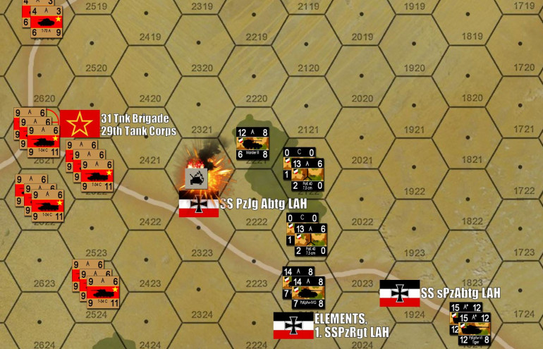 The Germans fall back AGAIN, pivoting to turn the left Soviet wing on Hill 252.2.  It is admittedly a craft move, but its also yields me a FOURTH objective hex, and allows me to turn the inside wing of their Panzerjaeger Abtg, where mass Soviet tank fire manages to take out a battery of Marder III tank destroyers.