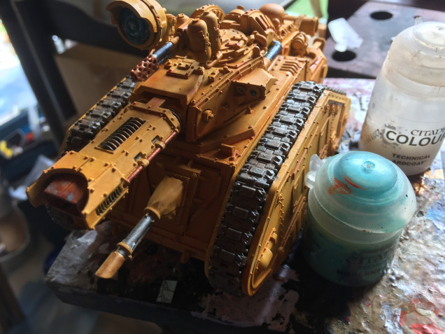 Leman Russ Incinerator - start of the fine detailing such as Nickel Oxide on the cannon and ‘ardcoat on the search light lens. Next will be camouflage and the freehand Mubraxis Dustdogs insignia 