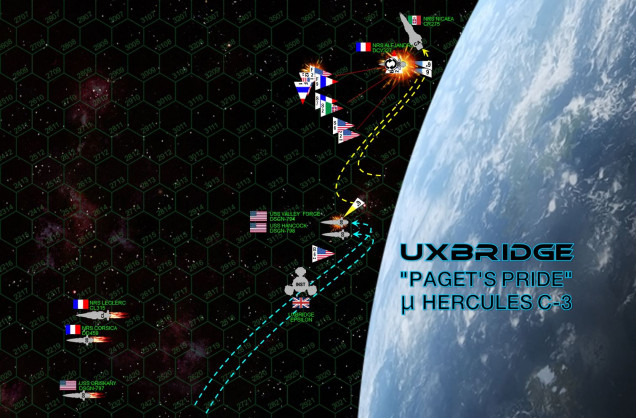 The Romans continue to “sideslip” along the upper atmosphere of Uxbridge, except this time Commodore Pilaex  tries to keep more of Nicaea’s broadside threatening a wider arc of possible American approach space.  The carrier Alejandra also rolls, keeping her port side screened from further American attacks.  It doesn’t work, with the Americans sending their full torpedo wave and all the fighters and scouts of the Marine “Tigershark” squadron.  Roman Dassault-Rafael “Mirage XII” fighters race back to defend their carrier, but their close enough to the American carriers to actually draw American mass driver fire.  One Mirage is shot down.  Pileax has a tough decision to make here, he can either engage the Marine fighters (F/S-44 Star Corsairs) with his mass drivers and lose the Alejandra to American torpedo attack, or shoot down the torpedoes and POSSIBLY lose the Alejandra to American fighters strafing the Alejandra’s bridge.  He goes for the fighters, figuring me might as well make the Americans pay for his light carrier.  The slaughter is horrific, 12 of the 14 Tigershark Corsairs are shot down as Pilaex more of less sacrifices the Alejandra.  With no mass drivers defending the carrier, the Mirages originally send against Marine Corsairs instead switch to incoming torpedoes.  Only three torpedoes are shot down, however, and five get through Alejandra’s aft shields.  With torpedoes exploding in her engine rooms, the last two Marine Corsairs and eight Marine and Navy E/S-101 “Hawkeye” scouts make a desperate strafing run, one of the last Marine Corsairs shooting into Alejandra’s exposed starboard reactor room to finally cripple the ship.  This bloodbath assault was costly, but the Marines can take solace in two more “Aquila” bombers were in Alejandra’s hangar bays (having landed to rearm).  The Valley Forge and Hancock fire broadsides into the Nicaea, but the guns of two American destroyers against a 140,000 ton heavy cruiser isn’t going to do very much.  They are positioned to fire full frontal spreads, however, using the drifting hulks of the Leclerc and the Corsica as initial target acquisition.  The Nicaea’s aft guns hammer hard on the Valley Forge, this time hitting her on the starboard quarter, and ALMOST power her down (they needed a 6+, they rolled a 5).  Damn, the Romans came within a single digit on the dice of winning the game right there.