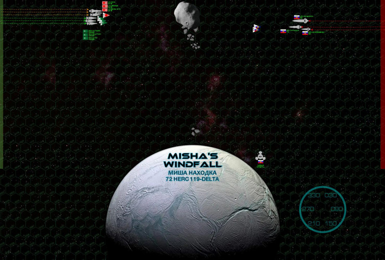 Here we see Misha’s Windfall, where Russian industrialists have tugged an asteroid so close to this small moon of an outer ice giant (72 Hercules A-119) that gravity is tearing the asteroid apart, the impact collisions allowing the Russian station to bring a whole new meaning to the term “colonial strip mining.”  The Russians were hoping this hazardous, out-of-the-way station would make for a good waypoint for the Potemkin task force, but the Japanese and Arab League have caught wind of the ruse and made the intercept.  Both sides use the disintegrating asteroid to mask their initial approach, even if it means setting course straight FOR the debris at a relatively high speed.   