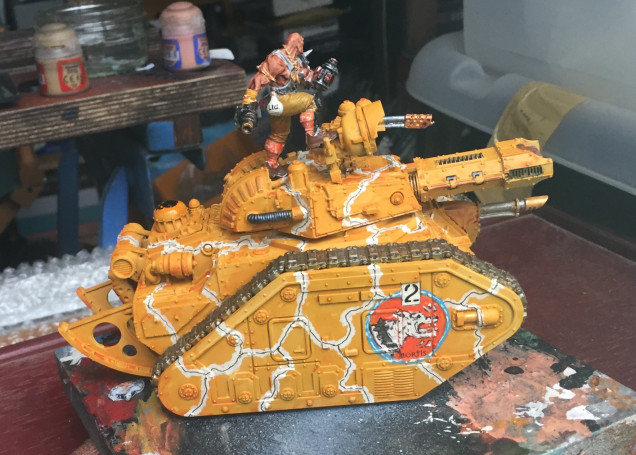 Sergeant Patronius Roach and Tank No. 2 from the 2nd Armoured Division Mubraxis Dustdogs - Leman Russ Incinerator 