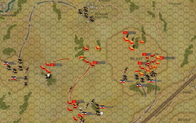 The situation at the beginning of Turn 6, where tomorrow's game will start.  In broad terms, Gianna has yielded the center of the field, which I have graciously accepted and will NOT be giving back.  However, there are issues on my right wing, where German grenadiers and artillery is on high ground ... 1000 meters in my rear where more German grenadiers are poised to strike from under the cover of Okbriabsky State Farm, and definitely on my right where a NIGHTMARE of German Waffen SS armor and assault guns are about to come around the east side of that tree line like the Kool-Aid Man on bath salts.  :)