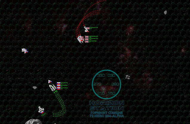 Both sides execute port standard turns, coming about to present starboard bows to each other for closer broadsides delivered at 1600 kilometers.  Cavendish’s stand-off engagement plan isn’t really working ... while his enhanced shielding and electronic warfare suites is making his ships very hard to hit, the sheer weight of Russian firepower is starting to tell.  The HMS Sheffield is hammered wide open but while her skipper (Commander Howard Bowen) maintains power, he’s compelled to break off the engagement.  The Syekyra (Captain Ekaterina Alexyevna Duranov) is also forced to break off, but that massive Russian aerospace strike is now howling in, and the British just don’t have enough mass driver defense to fend of that sheer number of warheads.    