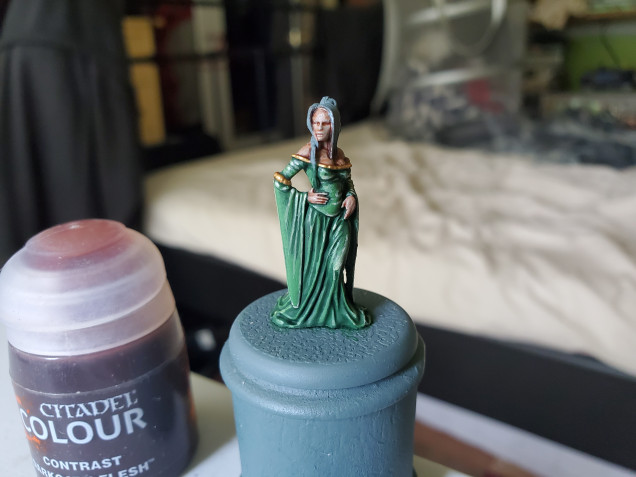 Then the Darkoath Flesh Contrast. Be careful not to over-spill onto the dress and remember that this is being used more as a shade and guide to the rececces than a 'final' colour so a bit of patchiness is ok.