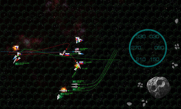 While the Cowpens continues to speed out of the battle, the Admiral Lazarev and the Mutamid almost race past each other, both cruisers screaming through high-speed turns and all engines howling in full reverse.  The mass torpedo and missile strike launched from the carrier Abu Bashir and her aerospace group slams into the starboard bow of the Lazarev, doing heavy but survivable damage.  What follows up, however, is an incredibly successful gunnery broadside from the Mutamid, Kashan, and Jeddah.  All three ships score at least double their projected hit-rate (game terms, Maghrebi had 12 guns at a chance of 40% to hit, but scored ten hits), and while the upgraded accurate, upgraded hitting power barrage of the heavier Lazarev DOES INDEED leave the Mutamid a burning, powerless cripple, the Arab league ships in turn do the same to the Lazarev.  Even as Russian and American torpedoes and the “Night Witch” fighters also cripple the carrier Abu Bashir (these warheads hitting, by contrast, less than 30% their projected hit rate, although I do admittedly get a lucky “cripple” check on Abu Bashir afterwards), the Russians have clearly lost this battle.  Simply put, the League can lose the Mutamid and continue the fight.  With the loss of the much more powerful Lazarev (and with the USS Cowpens already compelled to leave the battle area), this fight has suddenly become very one-sided.  