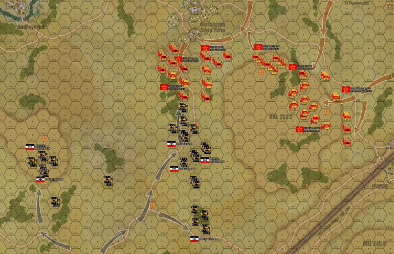 So here are the dispositions on Turn 1.  To get the stream going, I had both forces enter the table through the designated entry zones and try to take the most objective terrain possible.  The Germans end Turn One winning 3-2.