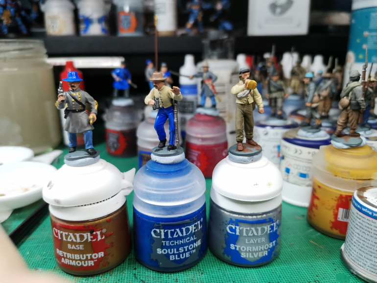 These three will be on a round base and act as brigade command for my artillery batteries. The trumpeter for signalling, binocular man for spotting and an officer to shoot slackers.... I mean lead.