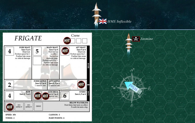 The end of Turn 14.  Okay, my HMS Inflexible and the remaining pirate barque Jasmine have been trading blows for a while.  I'm bigger than she is, but I've now lost two of the three gun batteries, and my aft mast (reducing speed by one).  The Jasmine's lost one of her two gun batteries, and her foremast and aft mast, leaving with a speed of 2.  So we're equal in guns, but U can outsail her slightly.  I was just starting of thinking about a boarding, but a shot from Jasmine scored a crit and inflicted crew casualties on my Frigate.  Without a numerical edge in crew, I decide not to board (defenders against boarders have a lot of advantages).  So decide to break off the engagement and take the win (having sunk a 4-point barque in exchange for a 2-point pinnace).  I maneuver to get the wind on my starboard quarter and get off the northern edge of the table.