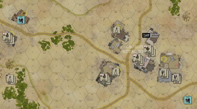 I'll be playing the Taliban, and I am set up to stop the Australian 4th RAR / Commando from taking these objective hexes.  The location of civilians is rolled randomly.  Their movement will also be random.  Australian player gets VP for safely evacuating them and a HUGE penalty if they hit them.  There's no penalty to the Australian player in the Taliban hit civilians, but the Taliban CAN hit them just to prevent the Australian player from getting the VP evac award.  Yes, there is a game incentive to murder civilians - the Taliban are bastards who are widely hated by the local populace through wide areas of Afghanistan.