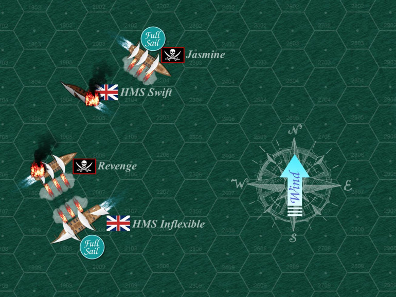 Turn 5, and things are getting serious. The pinnace HMS Swift is sinking, in this game it remains on the table a certain amount of time for navigational and LOS purposes.