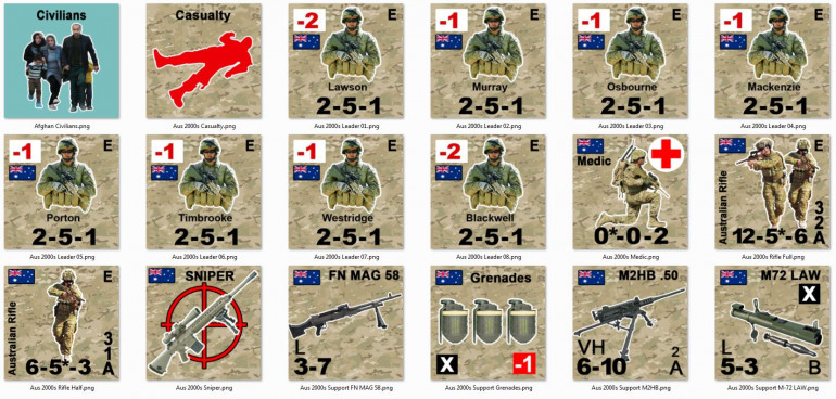 Australian units, including half squads (fire teams), squads, leaders, plenty of support weapons, casualties for the medics evacualte, and civlians to look out for.  I'm think of handling the Australian snipers differently ... having one actually ASSIGNED to the force but with a certain number of shots assigned almost as 