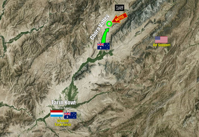 A zoom in.  The town of Torin Kowt was the base of this op, carried out to the northwest with sizable American air support, including at least one AC-130 Specter gunship.