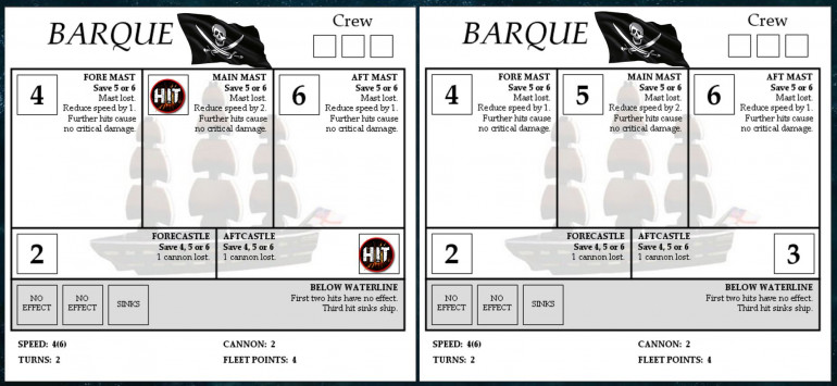 Here are the ships sheets for Jenn's two pirate barques.  You can see where I've clipped the mainmast off the first one, and knocked out her aft guns with a salvo through the aft castle.