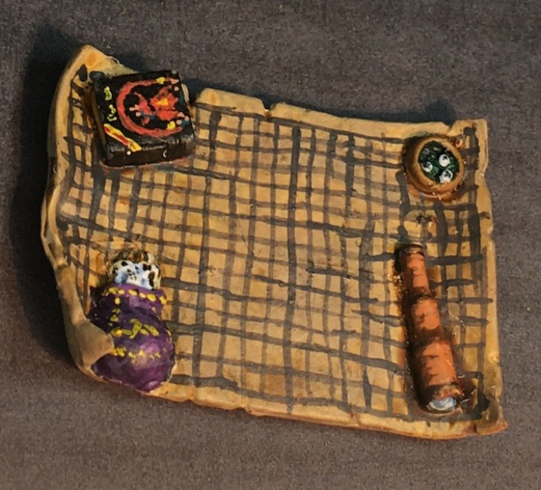 When I was a kid, polyhedral dice were hard to come by and dice bags didn't exist.  It seems like everyone of my generation used a Crown Royal bag which came wrapped around a bottle of whiskey.  Not sure where I got one as my parents didn't drink but that's what I tried to paint this one as.