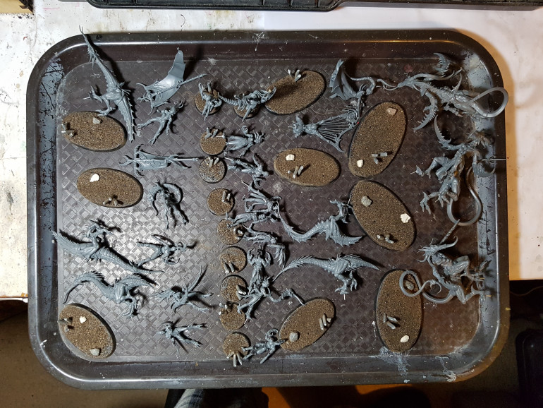 The Slaanesh half of Wrath and Rapture assembled and based and drying, ready for priming tomorrow while I listen to Gerry and Tim call people rude words but its OK because it's all unofficial