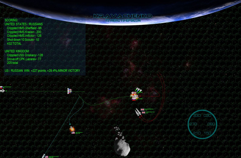 Raid games always end on Turn 6 ... (Rule 5.2.2) and the Russians and Americans take full advantage.  The Potempkin can ALMOST make it off the table, but not quite.  Still, with the range re-opened to 4000 kilometers and presenting a fully-armored and shielded fantail, she’s more or less free and clear.  The American light cruiser Northampton is swifter, and wisely escapes the table before she can be finished off.  This does have two unfortunate side effects, it nullifies Northampton’s last torpedo strike, and leaves USS Oriskany to suffer the vengeance of the British warships.  While the Lazarev and Oriskany put yet another volley of torpedoes and gunnery into the Kraken (the Lazarev making a point-blank run at the Kraken), FINALLY putting down this ship (Resolute Crew is the only thing that saves her from outright DETONATION), the British put their last broadsides (and frutrations) into the USS Oriskany, which goes down with an laser hit to the bridge from HMS Retribution.  Meanwhile, the Kraken is crippled, but not before doing enough damage to the Lazarev that she is FORCES to break off (half victory points).  Thus the game shakes out as a Russo-American win, 432-205. (+227 margin, or 29% of the original 772 point total)  