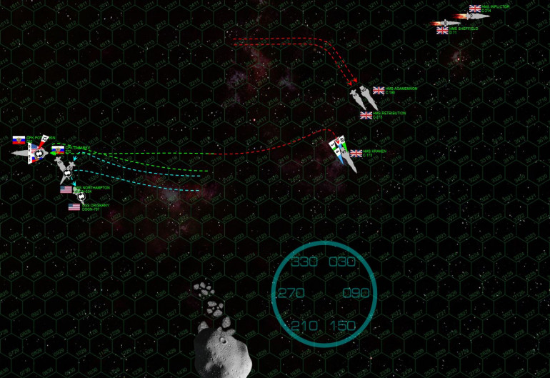 Now horrifically damaged on both port and starboard quarters, the battlecruiser Potemkin is raising best possible steam to escape the table under her own power.  This game is set for RAID victory conditions, remember.  If she makes it off under her own power, she yields no victory points to the British.  The Lazarev, Northampton, and Oriskany try to cover her fantail as best they can.  The British oblige, now shifting fire to the Northampton and blowing her starboard quarter almost clean off (note she is also inverted in space).  The Kraken hobbles away from her toe-to-toe slugging match with a battleship almost here times her size, hammered by ANOTHER mass torpedo spread, which again she somehow survives.