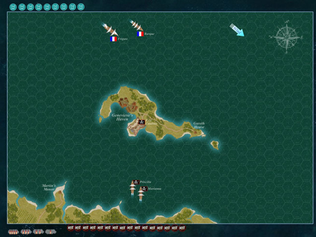 The map for today's game - A French frigate and barque up against a Pirate fort and two sloops.