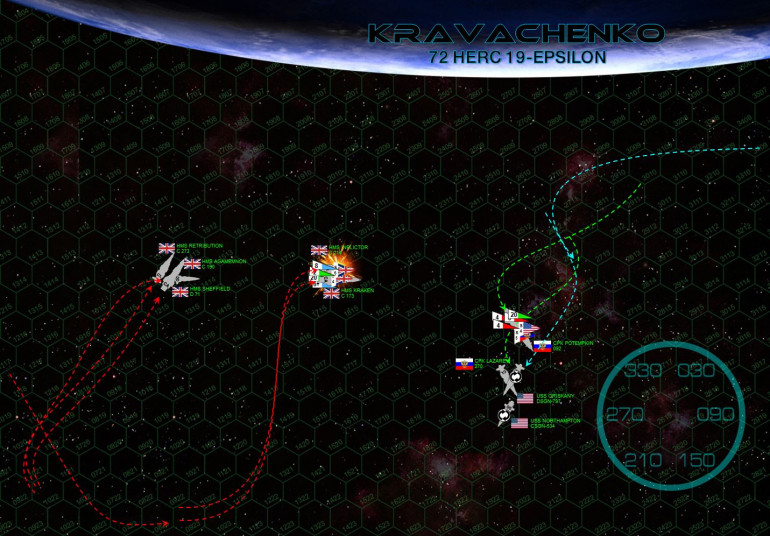 The Potemkin has finally slowed to the point where she can make more than one facing change per turn, but as a battleship, she usually loses initiative so the British cruisers have can stay out of her full broadside.  To do so they must dive toward the planet, but they’re engines have been upgraded (and their captains are managing their velocity and momentum) to the point where this is little trouble.  It does leave Cruiser Squadron “K” a little isolated from Cruiser Squadron “A”, a fact of which the Russians and Americans take full advantage with a devastating torpedo strike on HMS Inflictor.  This, plus a barrage of gunfire that hits Inflictor’s bridge (light cruiser USS Northampton scores the “killing” blow), knocks the ship out of the battle.  The British, meanwhile, concentrate their broadsides (Cruiser Squadron A) and forward guns (Cruiser Squadron K) on the Potemkin, and do horrific damage to her starboard quarter ... but this is a battleship.  There’s a LOT of armor and internal components to dig through.  Core damage is done to Potemkin’s medical bay, but the crew holds it together for now.