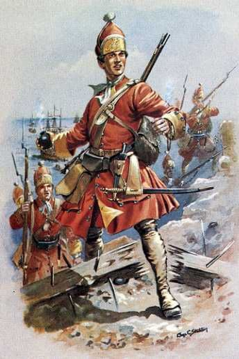 A Grenadier of Villier's Marine Regiment storming the beach at Gibraltar.