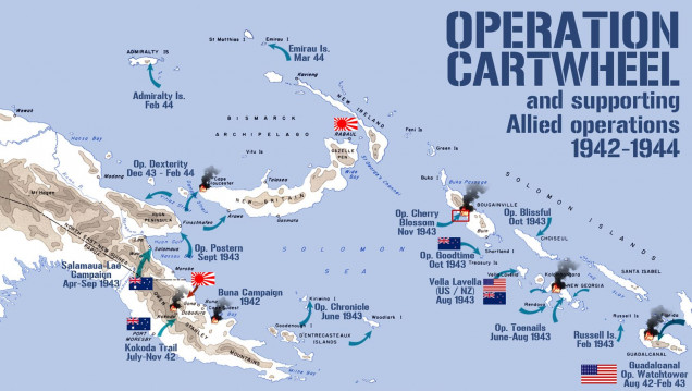 The overall swath of the South Pacific theater, showing the key landings of Operation Watchtower (US, Australian, New Zealand).  Today's game takes place on Bougainville (red rectangle)