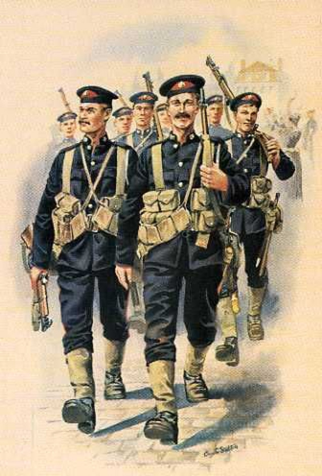 In the early years of the war, the Royal Marines appear to have worn the blue uniforms of their naval service and formed the much more 'professional' brigade of the Naval Division that was later in the war passed to Army control and dubbed the 63rd (Royal Naval) Division.