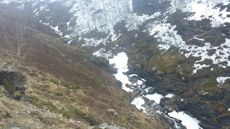 This is from way up the top of the cliffsides and shows the carved channels that are formed by water from the spring thaws trying to reach the sea. These are common throughout a fjord, but this type of landform will be generally at a higher altitude, or form deep cuts into gentler slopes.