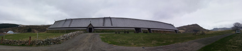 This will be slightly distorted due to the panoramic shot, but this is the Viking Museum at Borg on Vestvårgøyen, Lofoten. It's actually built upon the archaelogical ruins of the site that was built there in the Viking age and if anyone has a chance to go it's a great place.