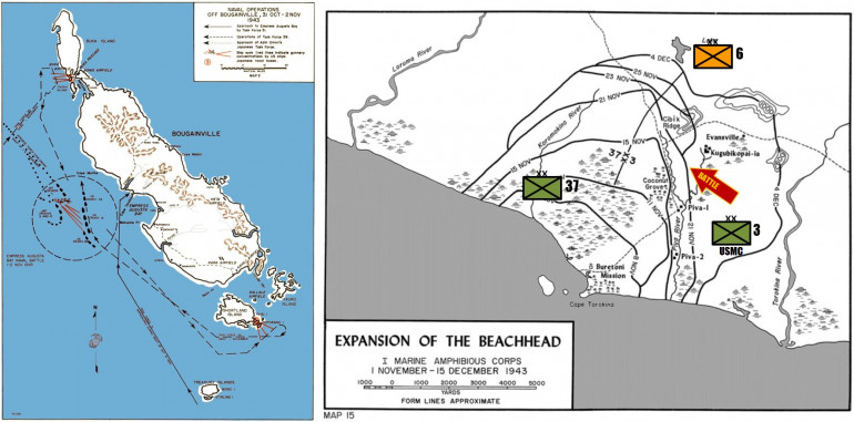 The Operation Cherry blossom Landings at Empress Augusta Bay. Initially 3rd Marine Division went ashore, later reinforced by US Army 37th Infantry.