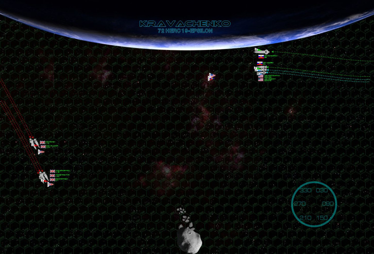 The British largely lose initiative on the initial approaches, setting up a vector away from the planet at speeds ranging from 24-30 kilometers per second (8-10 hexes).  The Russians and Americans come on even faster, running at 33 kps, using the planet’s gravity for a slight velocity assist, all while leaning on the retros to decelerate to 24 kps.  This will allow the least maneuverable ship in their fleet, the Potemkin, to make a facing change next turn.  The Americans and Russians are also clearly seizing the “gravity gauge” – putting themselves between the enemy and the planet.  This serves two purposes, it helps decelerate to battle speed when we turn away from the planet toward the enemy, and it forces the enemy to turn TOWARD the planet to engage us.  This means they’re running the risk of planetary collisions if they lose power due to battle damage.  On the other hand, it also gives the British the first big broadside of the game, which they open fire on the USS Oriskany at about 5400 kilometers, which the Oriskany weathers passably well due to her heavily-upgraded shielding, except for an early hit on her maneuvering thrusters (ouch).  On the OTHER hand, all forward arcs on the Russian and Americans hips are presenting near-full torpedo spreads at the British.  Watch out.  The electronic warfare stations on the British bridges all just exploded with a swarm of red lights.  