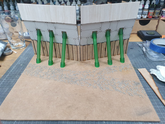 I also put the columns onto 3D print. These were done in fusion 360 the main parts were then assembled. The part that was hurting my head was the gap in the middle. I will make something to fill that Later. I also used planks of balsawood for the top. I wanted the design to show a progression from the first settlement with small strong walls moving up and up as threats became apparent. 