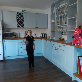 First flight with engine sounds in the kitchen. One very happy girl.