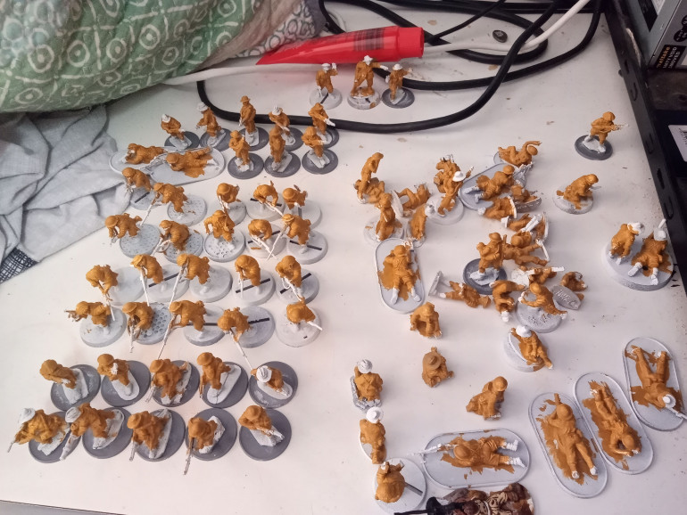 I plan to paint the entire Company up for the Desert, All I need s another Boys AT Rifle, a CSM and some Officers and I'll have a full three Platoon Company. These are just the men in Helmets