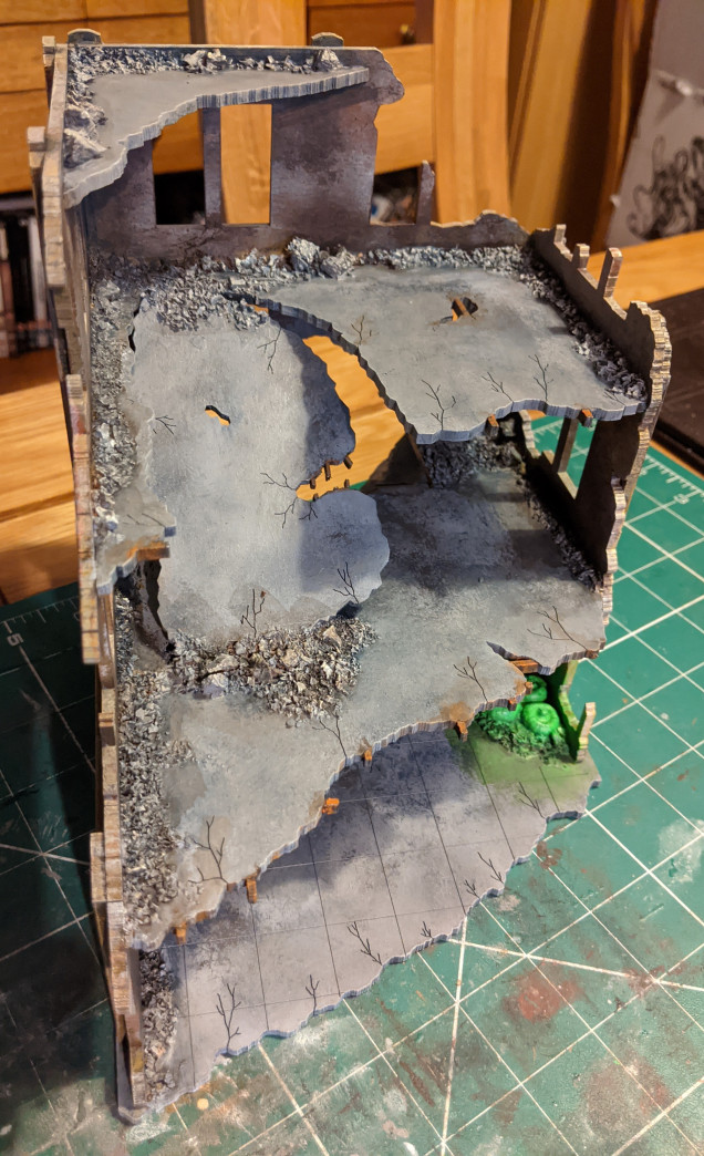 Picking out rebar, the glowing mutant fungi and I put some agrax earthshade over the rubble.e 