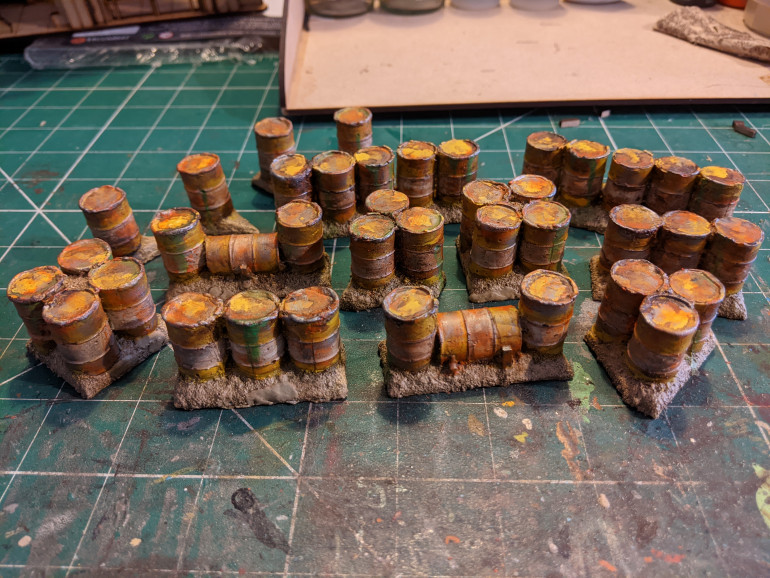 Barrels! So many rusty yellow barrels...