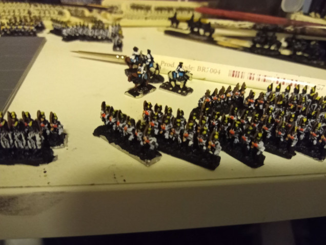 The Minis. 15 Stands of Each Regiment with a Command Stand. One Stand in each Regiment was Cut in Half to Centre the Flag as shown later