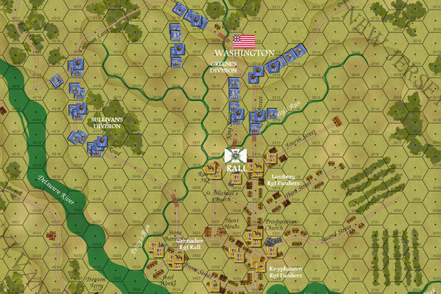 The end of Turn 02, and here is where we will start our live stream later today.  :D  SO FAR ... the Hessians have not been alerted (guard shacks and sentries overwhelmed and captured with bayonets and swords).  They get a roll roll at the beginning of their Turn 2 (not terribly great, but each of the three 