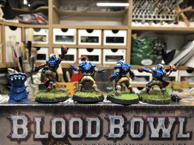 Bases were  covered with a mix of baking soda then painted with a home made wash of brown craft paint and covered (with various level of success) with grass applied with a electrostatic applicator (not a fan for my first time using it, will probably reverse to flocking in future teams).